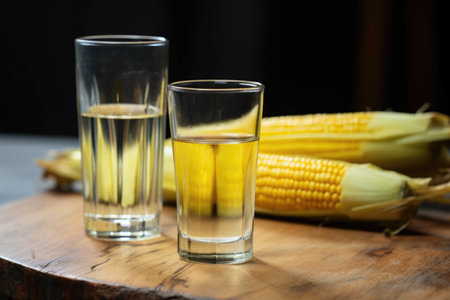 two charred corns on the cob next to a glass of water, created with generative aiの素材