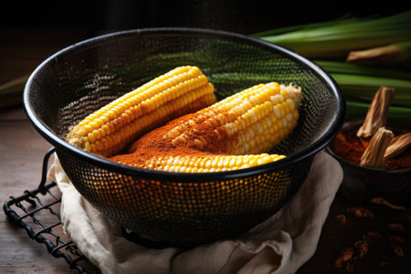 charred corn on the cob with uncooked corns on a sieve, created with generative aiの素材
