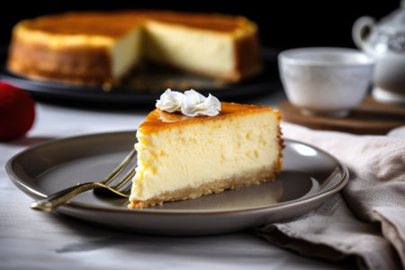 cheesecake slice with fork on a plate, created with generative aiの素材