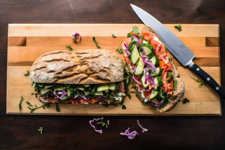 overhead shot of a sandwich on a board with a knife, created with generative aiの素材