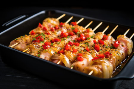 chicken skewers marinating in a deep dish, created with generative aiの素材