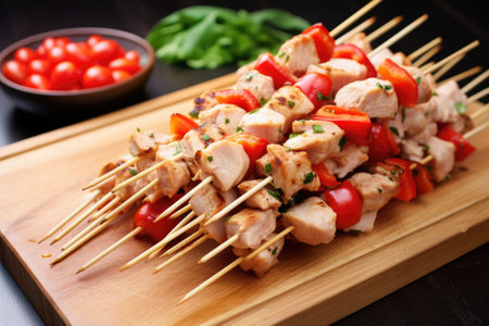 a pile of pre-cooked chicken skewers on a clean chopping board, created with generative aiの素材