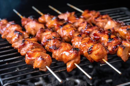 bbq chicken skewers rotated using stainless steel tongs, created with generative aiの素材