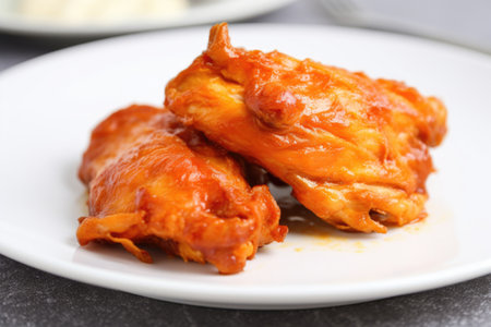 close-up of single buffalo chicken wing on white plate, created with generative aiの素材