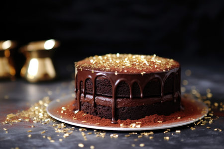 chocolate cake with gold dust sprinkled on top, created with generative aiの素材