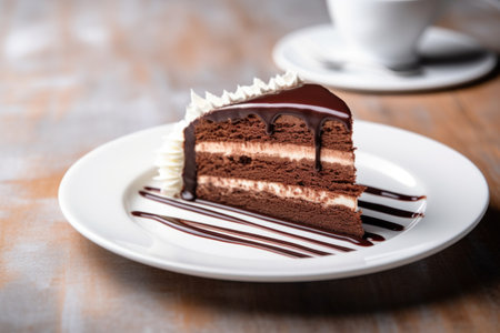 chocolate cake slice on a white ceramic plate, created with generative aiの素材