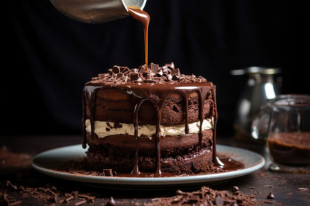 pouring hot fudge over a layered chocolate cake, created with generative aiの素材