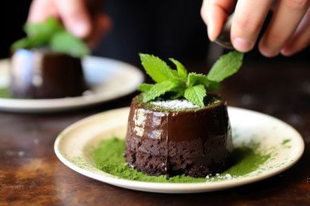 placing a mint leaf garnish atop a chocolate lava cake, created with generative aiの素材