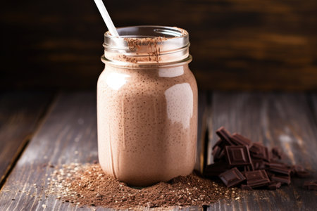 a chocolate milkshake in a jar with a metal straw, created with generative aiの素材