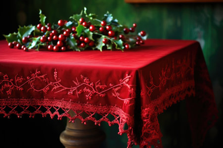 red tablecloth with a trim of holly leaves, created with generative aiの素材