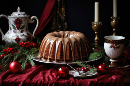 bundt cake with a drip glaze next to a christmas wreath, created with generative aiの素材