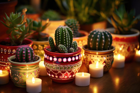 pots of christmas cacti decorated with fairy lights, created with generative aiの素材