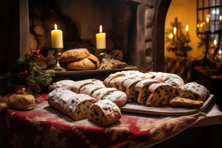 freshly baked stollen bread displayed for sale, created with generative aiの素材