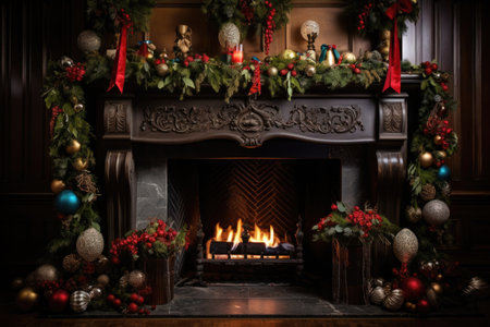a fireplace mantel decorated with garlands and stockings, created with generative aiの素材