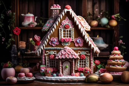 gingerbread house decorated with icing and sweets, created with generative aiの素材