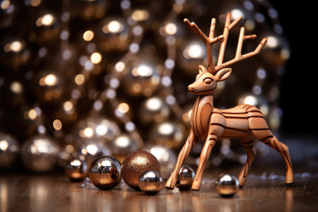 wooden reindeer ornament among shiny spheres, created with generative aiの素材