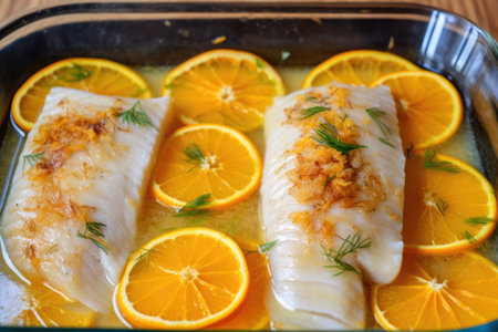 side view of fish fillets marinating with thinly sliced oranges, created with generative aiの素材