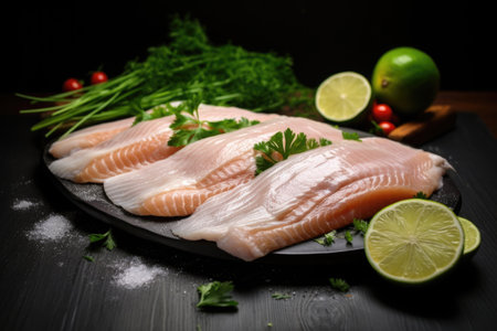 fillets on a plate with lime and herbs, created with generative aiの素材