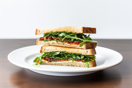 minimalist image of a blt sandwich on a white plate, created with generative aiの素材