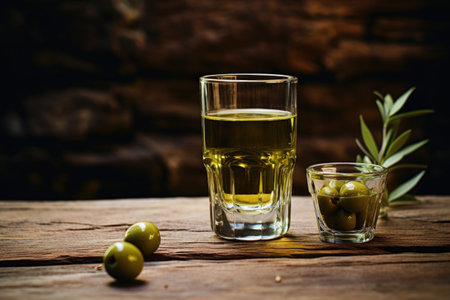 vermouth glass with olive garnish on wooden table, created with generative aiの素材