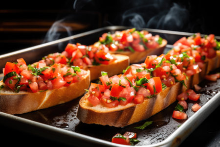 removing freshly grilled bread from the oven for bruschetta, created with generative aiの素材