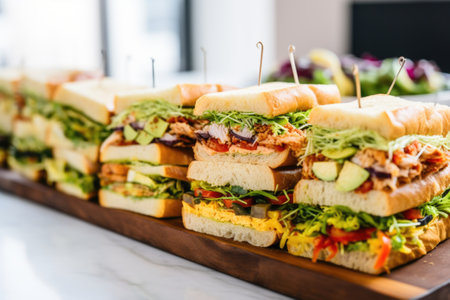 a row of clubhouse sandwiches bearing different fillings, created with generative aiの素材
