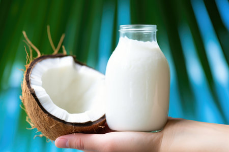 hand holding a chilled bottle of coconut water on a hot day, created with generative aiの素材