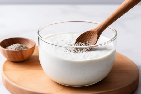 stirring chia seeds into a coconut yogurt with a wooden spoon, created with generative aiの素材