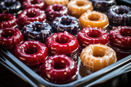 a tray of semi-finished donuts waiting to be filled with jelly, created with generative aiの素材