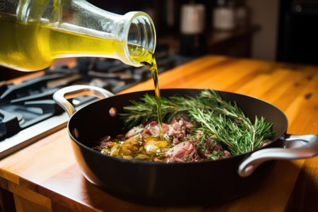 drizzling olive oil to coq au vin preparation, created with generative aiの素材