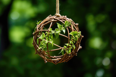 an ornament made of twigs tied together by green thread, created with generative aiの素材