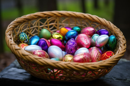 an upturned basket full of multicolored solstice baubles, created with generative aiの素材