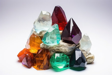 pile of different crystals on a plain background, created with generative aiの素材