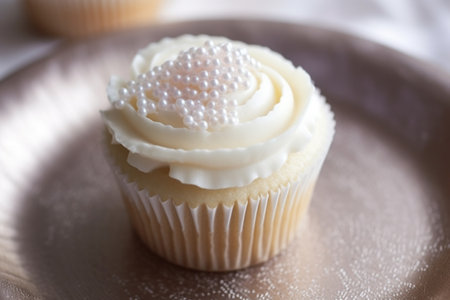 a vanilla cupcake with a silver-color edible bead as decoration, created with generative aiの素材