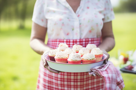 serving cupcakes at a casual picnic, created with generative aiの素材