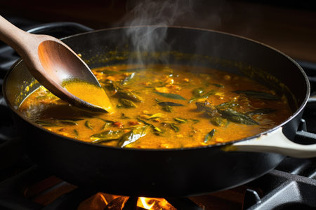 stirring curry with a flat spatula in a cast-iron skillet, created with generative aiの素材