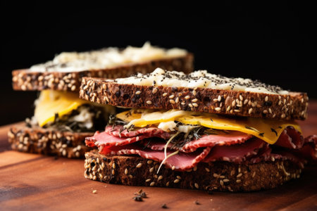pastrami and swiss cheese sandwich on dark rye bread, shot from the side, created with generative aiの素材