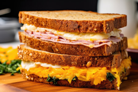 close-up of a ham and cheese sandwich on whole wheat bread, created with generative aiの素材