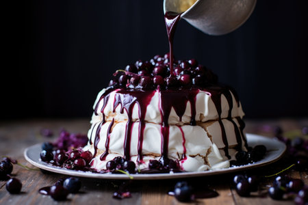 blueberry compote dripping from a pavlova, created with generative aiの素材