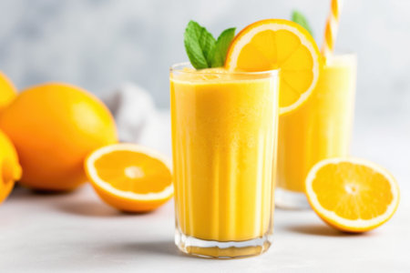 orange detox smoothie with orange slices nearby, created with generative aiの素材