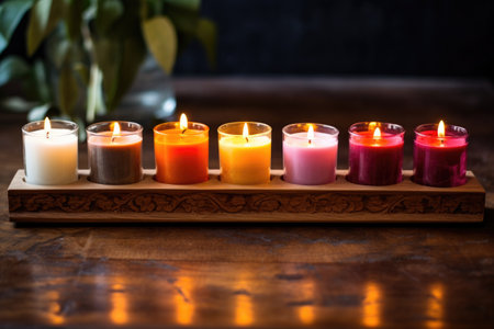 seven candles lit in a traditional wooden holder, created with generative aiの素材