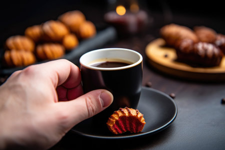 hand picking up a donut with black coffee in the background, created with generative aiの素材