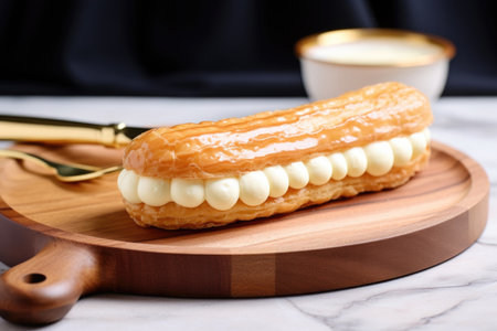 vanilla-glazed eclair atop a round wooden plate, created with generative aiの素材