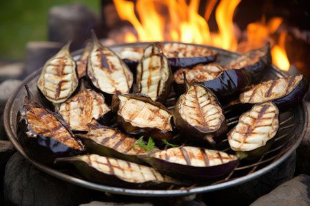 platter of smoked eggplants against a backyard bonfire, created with generative aiの素材