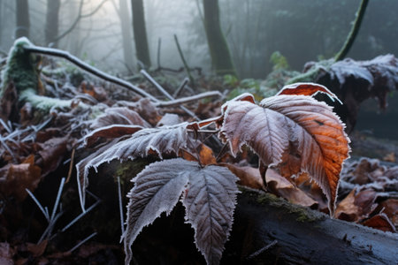 close-up of frost on fallen tree leaves, created with generative aiの素材