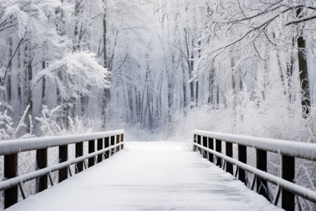 a snow-coated bridge leading to a woodland trail, created with generative aiの素材