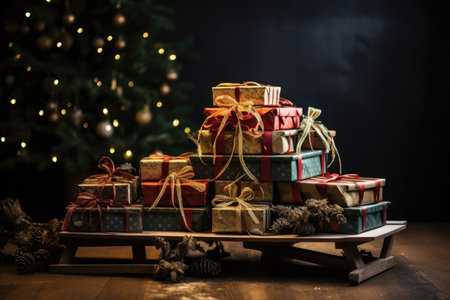 multiple gift boxes stacked on a wooden sleigh, created with generative aiの素材