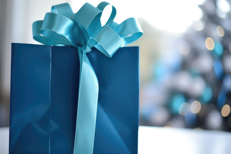 close-up of blue gift bag with tissue paper peeking out, created with generative aiの素材