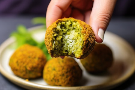 close up of hand holding a falafel ball, showing texture, created with generative aiの素材