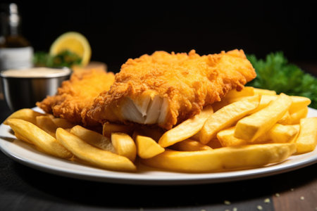 close-up image of golden crispy fish and chips on a plate, created with generative aiの素材